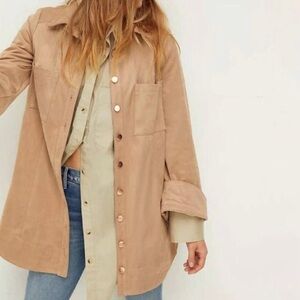 Free People Ari Faux Suede Shirt Jacket Size M Tan Rose Gold Buttons Boho Top